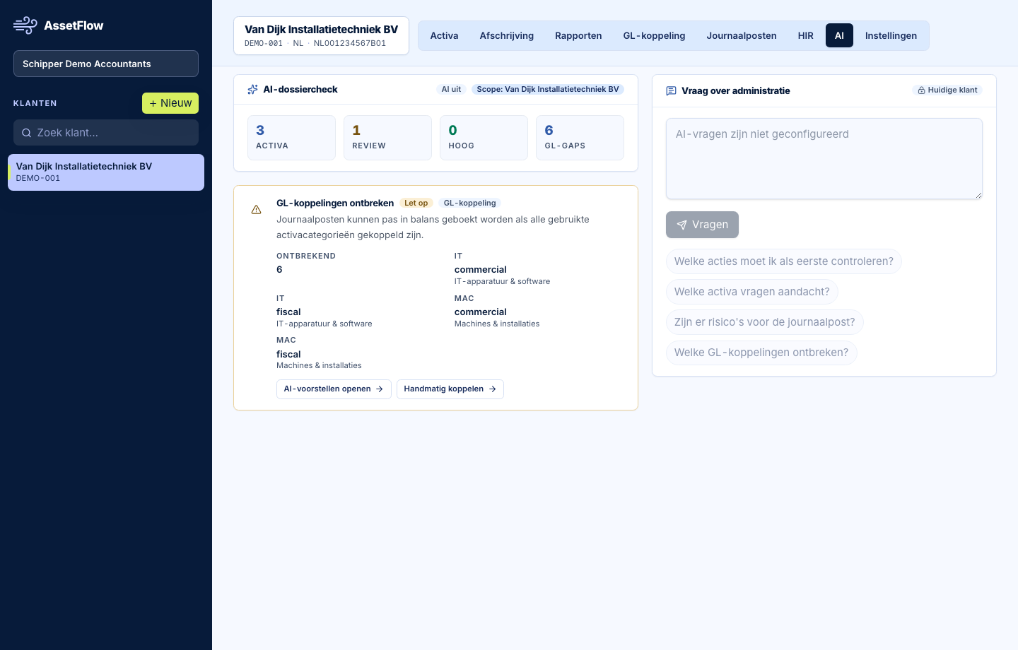 Echte ActivaFlow AI-dossiercheck met grootboekkoppelingen en administratievragen